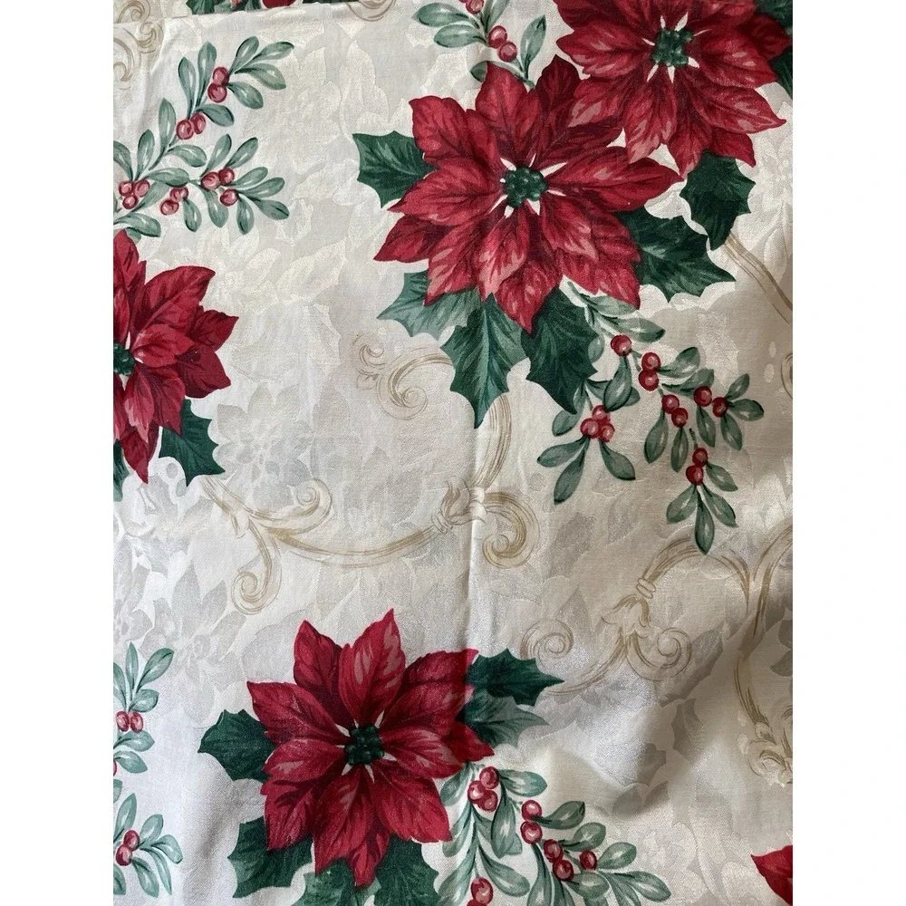 Vintage Christmas Tablecloth 59 X 83 Damask Red Poinsettia Green Holly White